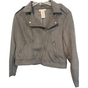 Philosophy Gray Faux Suede Moto Jacket Coat L/G With Zipper Pockets Snap Details